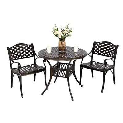 Puluomis 35” Outdoor Patio Retro Round Cast Aluminum Dining Table and 2 Cast Aluminum Chairs - cast aluminum stackable patio sets under $800 - B094MPMYVM