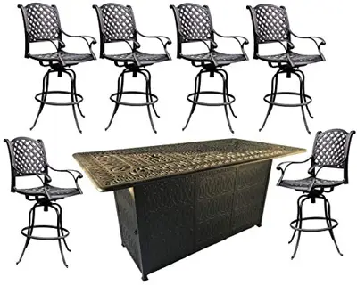 Sunvuepatio Patio bar Set 7pc Double Burner fire Pit Table 6 Nassau barstools cast Aluminum Furniture - ccast aluminum outdoor bar sets - B01DZIL4PS