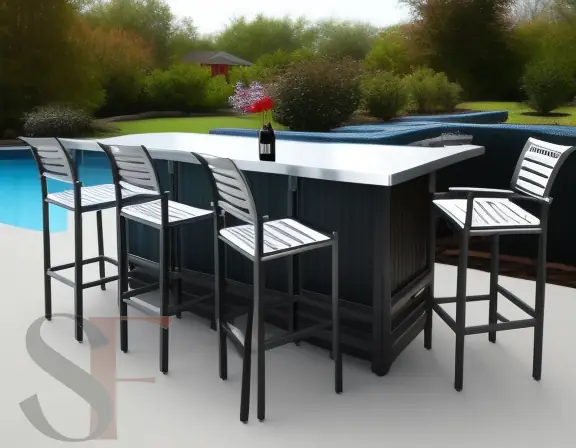 four Cast Aluminum Bar Stools near a bar height table and a pool 03