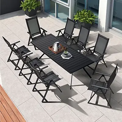 PURPLE LEAF Outdoor Dining Set for 8 with All-Aluminum Rectangle Table and Textilene Folding Reclining Chairs Modern… - modern cast aluminum patio furniture - B0BJ764VN2