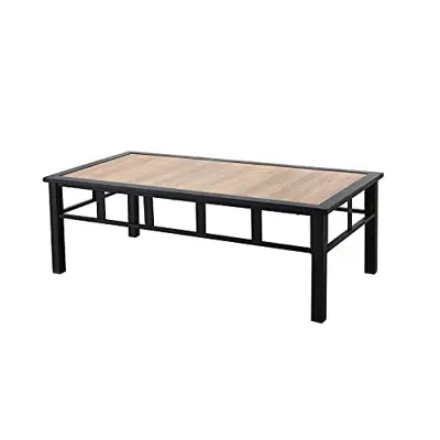 Festival Depot Patio Coffee Table Rectangle Metal Table with Wood Grain Tabletop All-Weather Outdoor Furniture for Deck - rectangular cast aluminum patio tables - B096VCH4K6