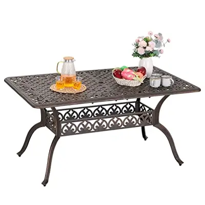 PHI VILLA Outdoor Patio Dining Table Cast Aluminum Rectangle Patio Table Weather Resistant with 2