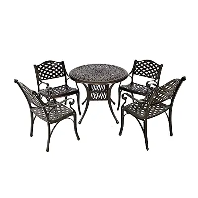 Puluomis 35” Outdoor Patio Retro Round Cast Aluminum Dining Table and 4 Cast Aluminum Chairs - round cast aluminum patio table set - B09494YC87