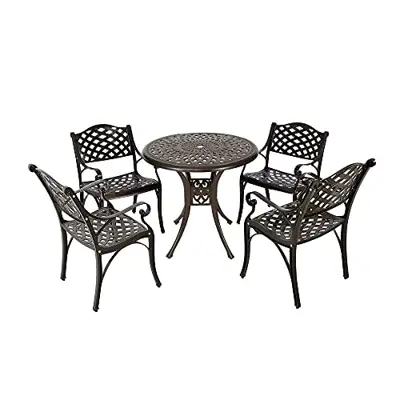 Puluomis 31” Outdoor Patio Retro Round Cast Aluminum Dining Table and 4 Cast Aluminum Chairs - round cast aluminum patio table set - B09495V476