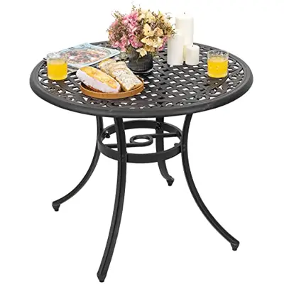 Nuu Garden 36 Inch Round Bistro Table with Umbrella Hole, Outdoor All Weather Patio Dining Table in Floral Patterns, Black with Antique Bronze at The Edge - round cast aluminum patio tables - B07B5Y5HSF