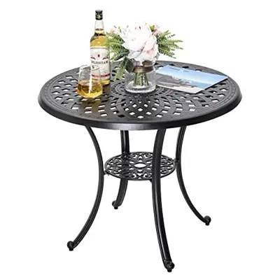 Nuu Garden 31 Inch Patio Dining Table, Cast Aluminum Patio Table with Umbrella Hole, Round Outdoor Bistro Table for Backyard, Garden, Patio, Porch, Black with Antique Bronze Edging - round cast aluminum patio tables - B09H6L3331