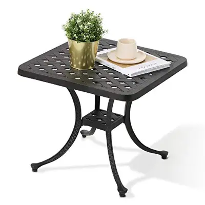 HOMEFUN Patio End Table, Outdoor Square Cast Aluminum Side Table, Antique Bronze - square cast aluminum patio tables - B088W8L9SR