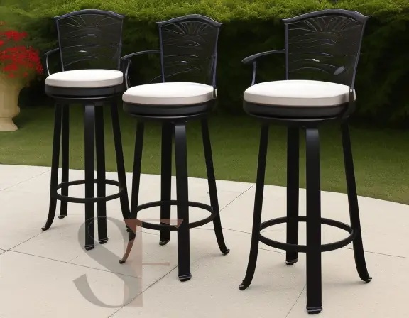 three block Cast Aluminum Bar Stools with cream cushions on the patio 01