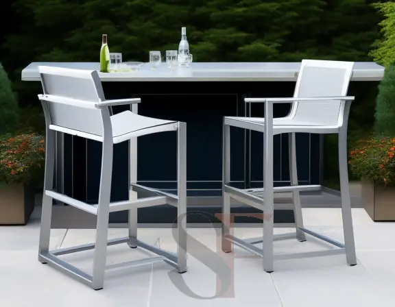 two white and grey Cast Aluminum Bar Stools on the patio 04