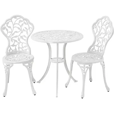 Topeakmart 3 Piece Patio Bistro Sets, Outdoor Rust-Resistant Cast Aluminum Table Set, Antique Finish for Patio Balcony - white cast aluminum bistro sets - B09QMH1M4J