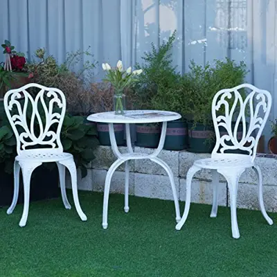 3-Piece Patio Bistro Furniture Set Cast-Aluminum Bistro Table Set for Lawn,Garden,Backyard - white cast aluminum bistro sets - B0B3QPN4KC