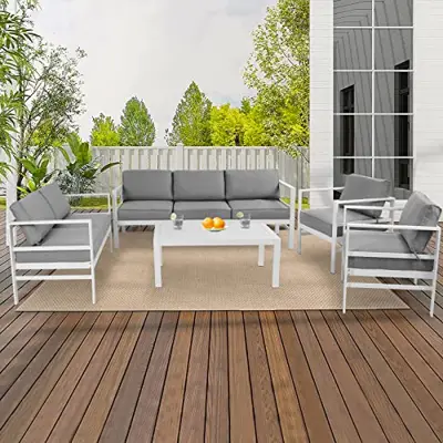 Auzfy Aluminum Outdoor Patio Conversation Sets, Modern Outdoor Furniture Set Aluminum Patio Sofa Couch Sets, White Metal… - aluminum patio conversation sets - B09S3Q8BCW