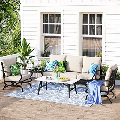 A metal patio conversation set for 5 people - 2 chairs, a table and a patio sofa - B0BV6NKXB5