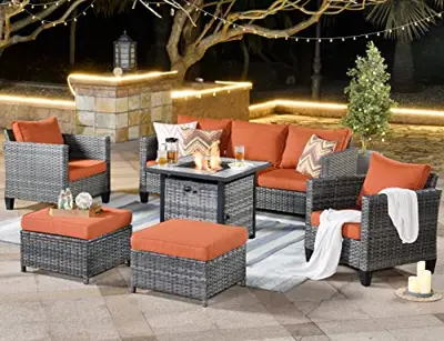 ovios Patio Furniture Set 6 Piece Wicker Outdoor Patio Conversation Set with 30 Inch Gas Fire Pit Table Modern High Back… - modern patio conversation sets - B09TKX71PQ