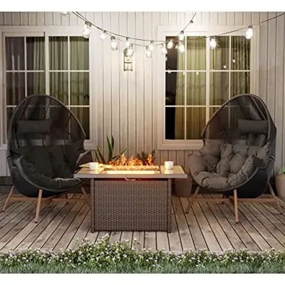 Grand patio Outdoor Furniture Set with Fire Pit Table 3PC, PE Rope Open Weave Oversized Egg Chair with 43