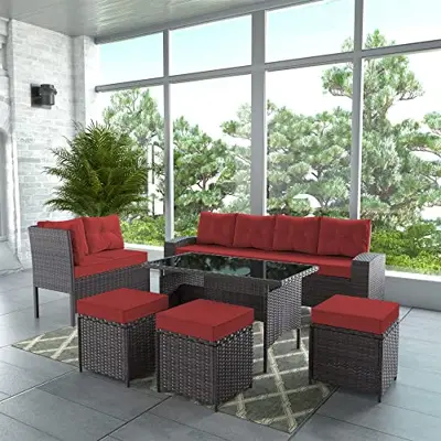 Gotland 7 Pieces Wicker Patio Furniture Set Outdoor Rattan Sofa Set All Weather with Dining Table & Ottomans Soft… - modern patio conversation sets - B0BLH9CLNL