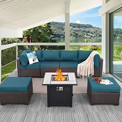 Outdoor Patio Dark Brown Rattan 7 Piece Sectional Furniture Set PE Wicker Conversation Sofa with Gas Fire Pit Square… - rattan conversation sets - B0BHQZ23JN