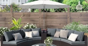 What Color Umbrella Goes with a Gray Outdoor Conversation Set featured white umbrella with U-shape sectional seating furniture