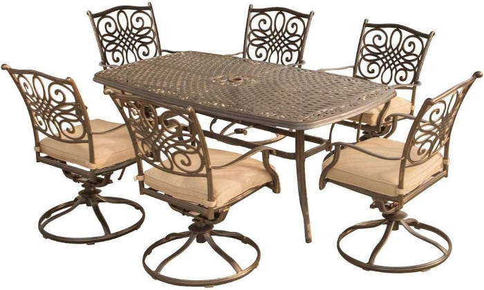 Hanover Traditions 7-Piece Patio Dining Set with 6 Swivel Rocker Chairs, Tan Cushions and Large metal cast aluminum Dining Table, Outdoor Dining Set for 6 people